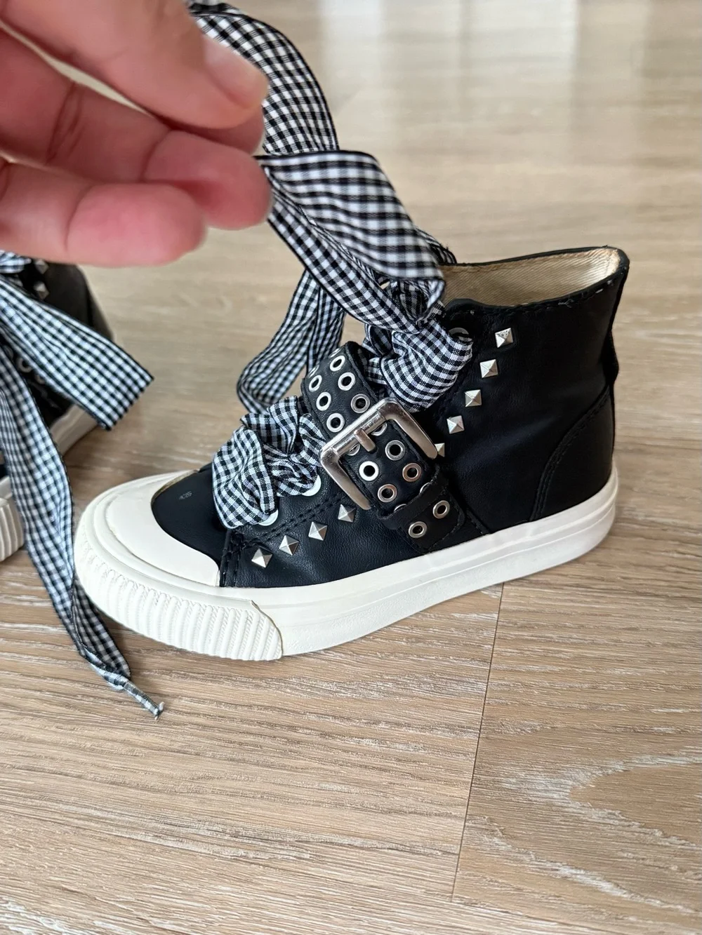Zara Black High-Top Sneakers with Gingham Ribbon Laces
